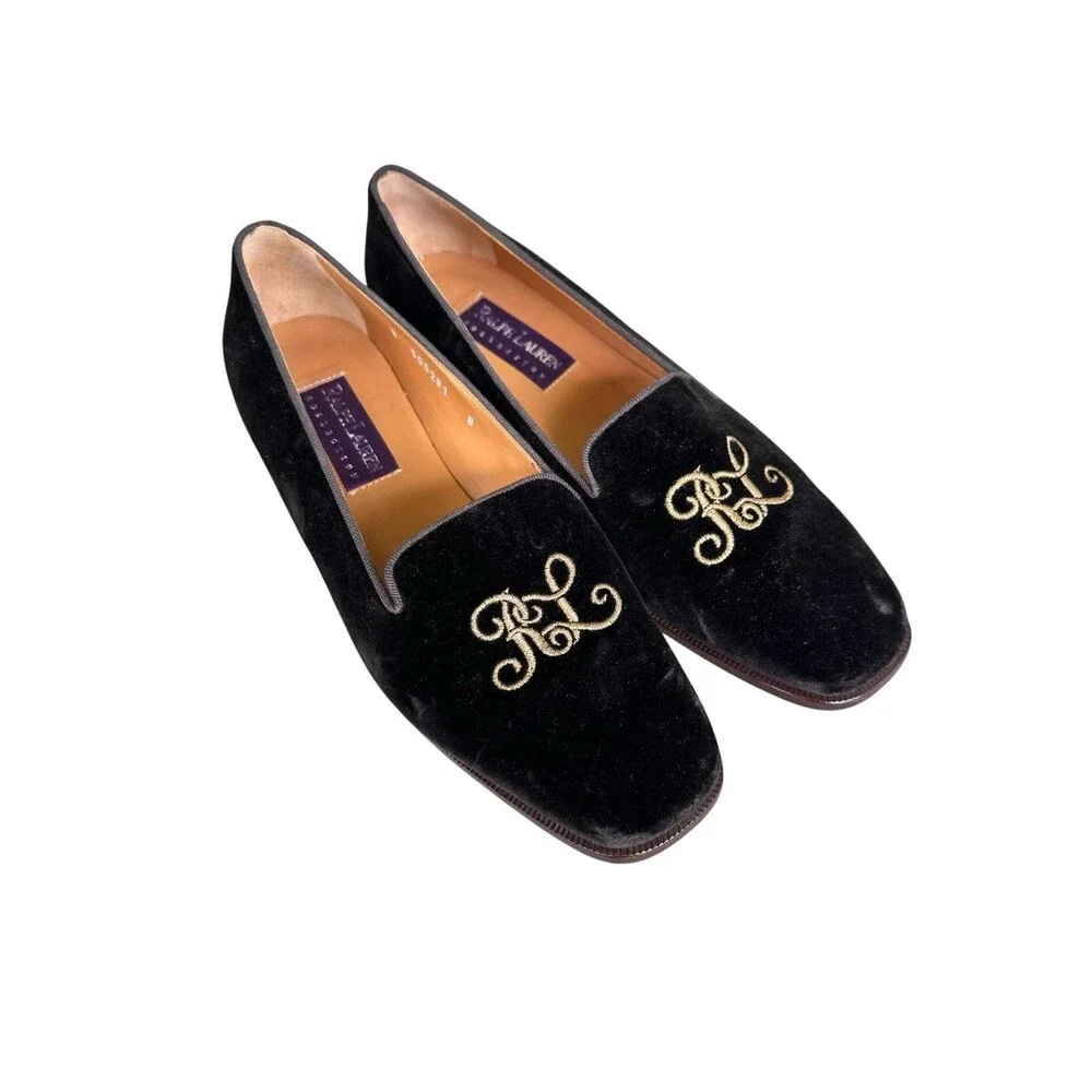 Ralph Lauren Collection Purple Label Velvet Soaking Loafers Embroidered 8 Italy
